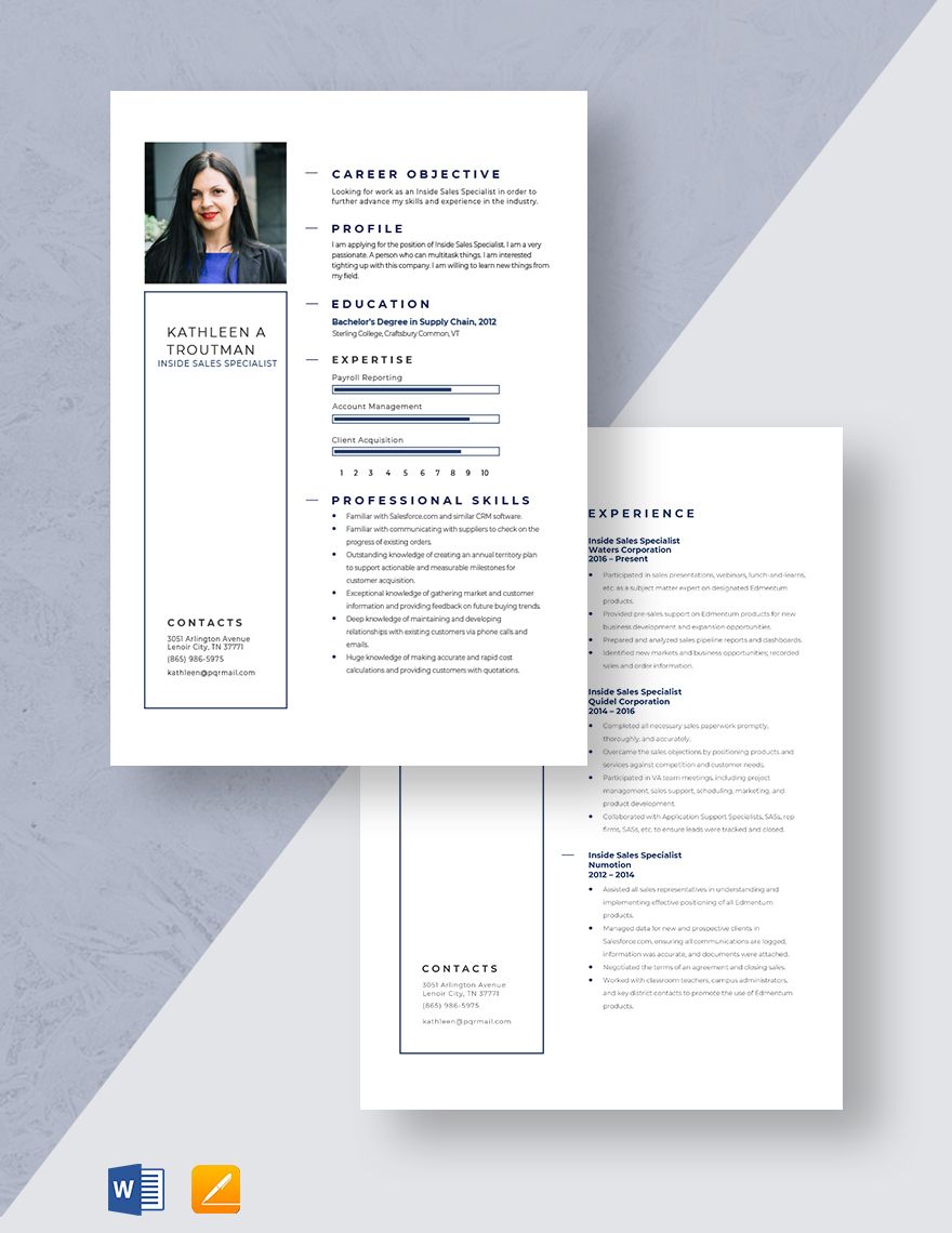 Free Free Inside Sales Specialist Resume Template - Word, Apple Pages ...