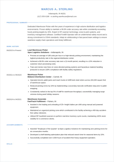 Free Warehouse Picker ATS Resume Template, AI Resume Builder