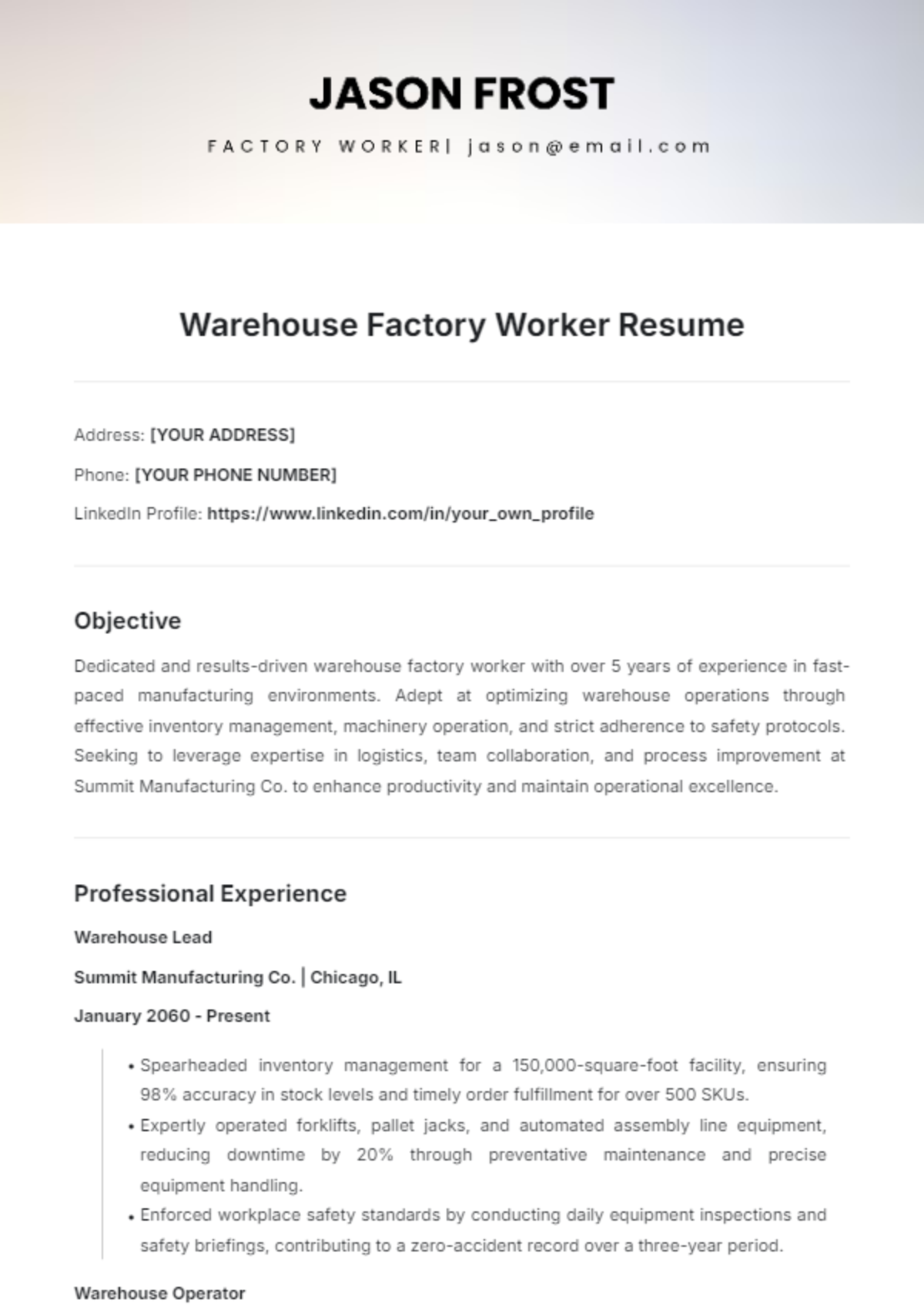 Free Warehouse Factory Worker Resume Template