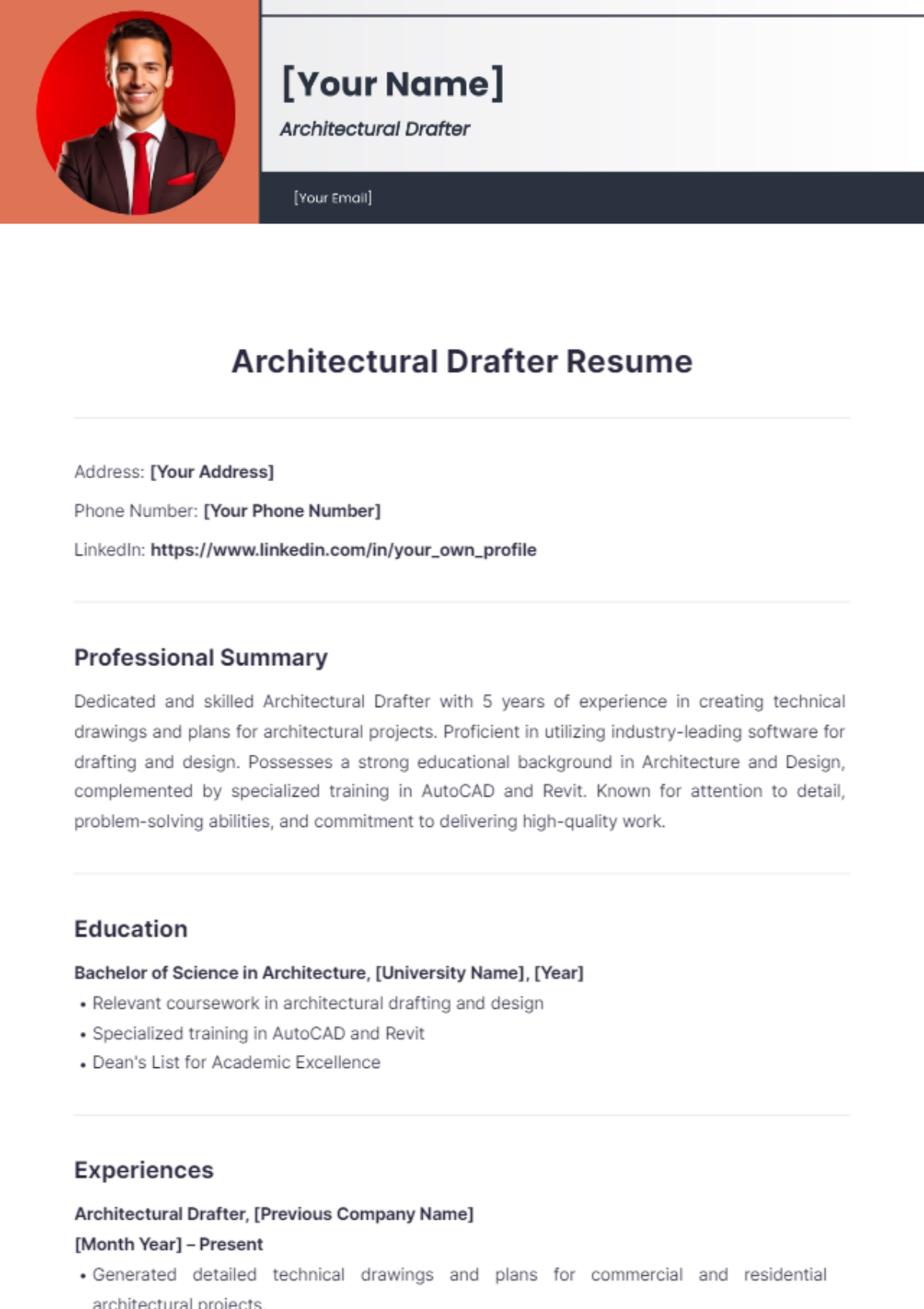 Free Architectural Drafter Resume Template to Edit Online