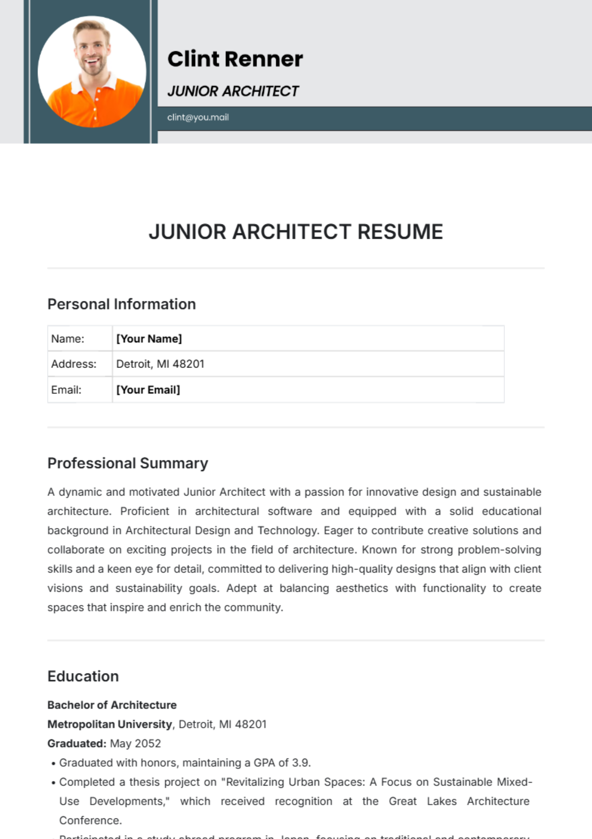 Junior Architect Resume Template - Edit Online & Download