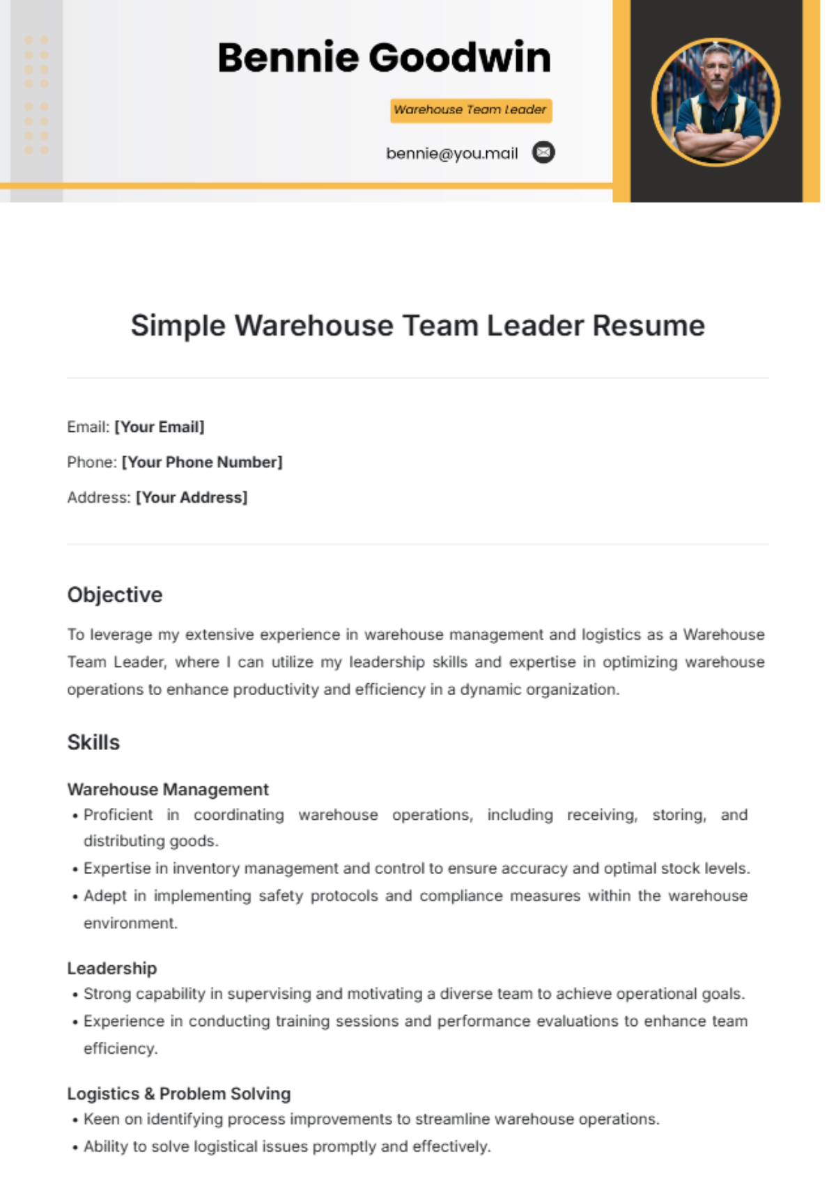 Simple Warehouse Team Leader Resume Template - Edit Online & Download