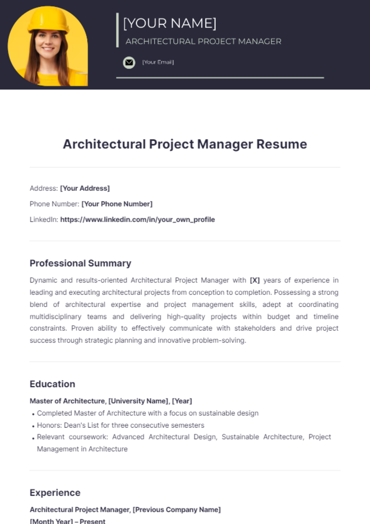 Architectural Project Manager Resume - Edit Online & Download