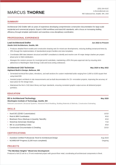 Free Architectural CAD Drafter ATS Resume Template, AI Resume Builder