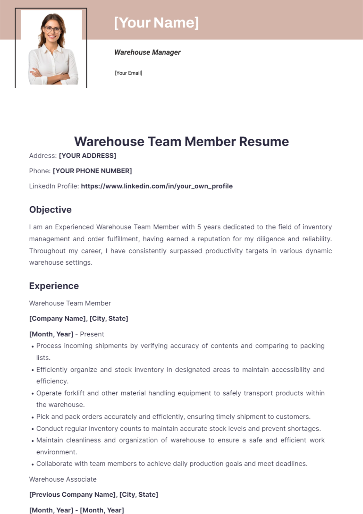 Warehouse Team Member Resume - Edit Online & Download Example ...