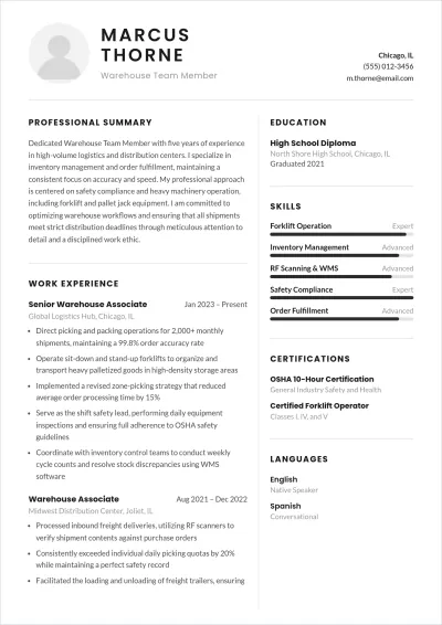 Free Warehouse Team Member ATS Resume Template, AI Resume Builder