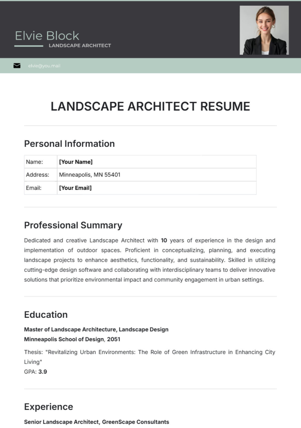 Landscape Architect Resume Template - Edit Online & Download