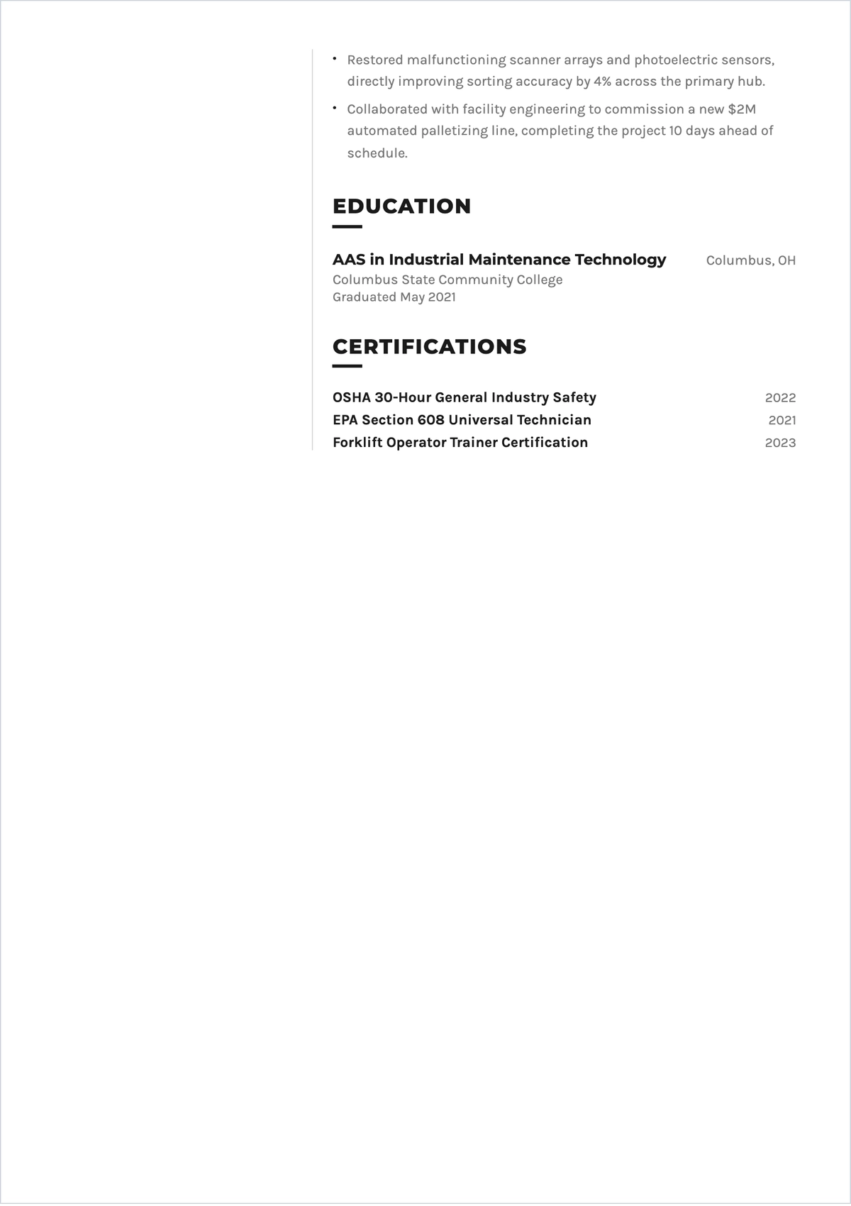 Free Warehouse Maintenance Technician ATS Resume Template