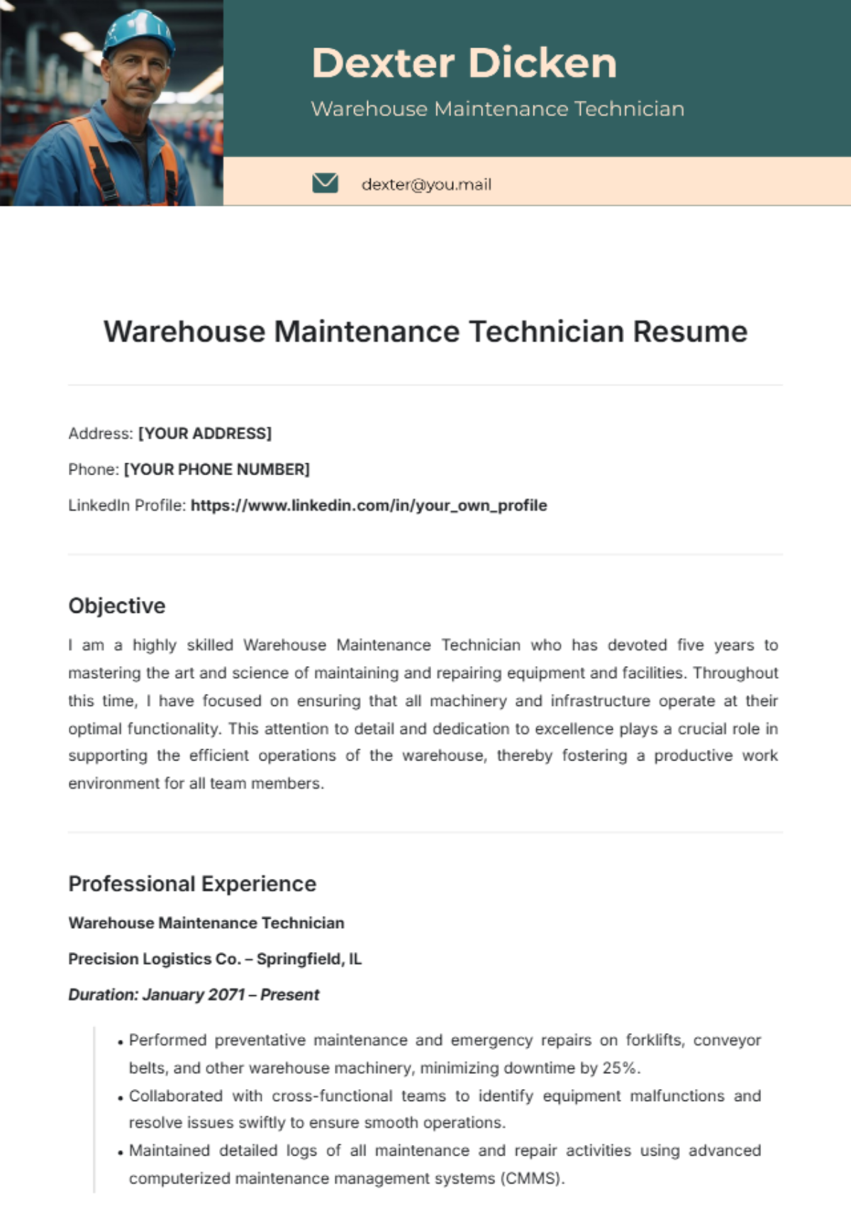 Warehouse Maintenance Technician Resume Template - Edit Online & Download