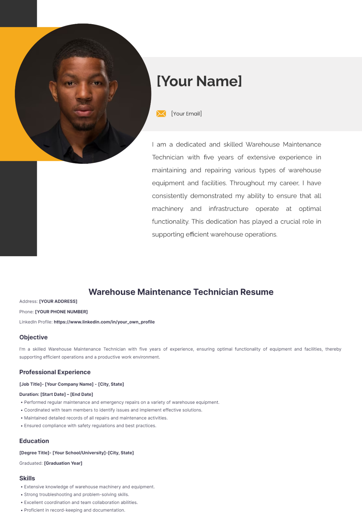 Warehouse Maintenance Technician Resume - Edit Online & Download ...