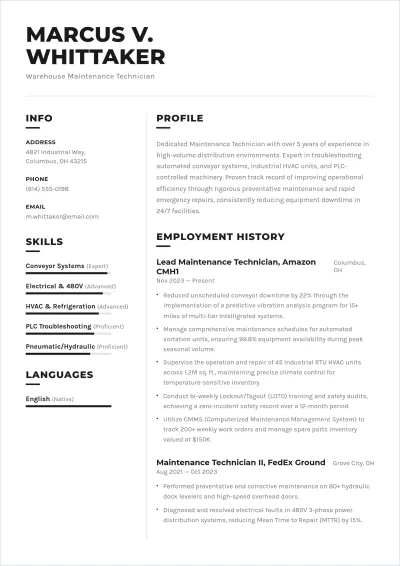 Free Warehouse Maintenance Technician ATS Resume Template