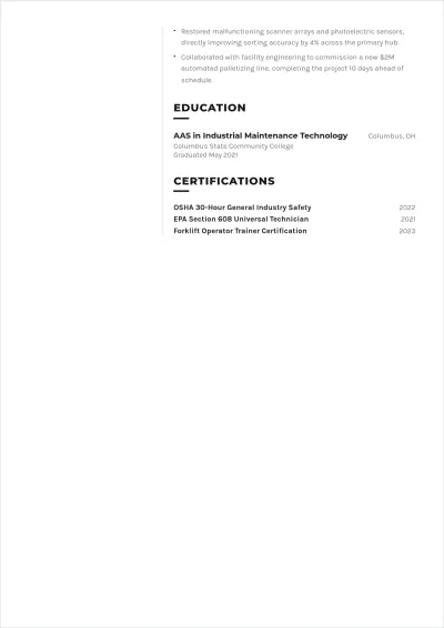 Free Warehouse Maintenance Technician ATS Resume Template