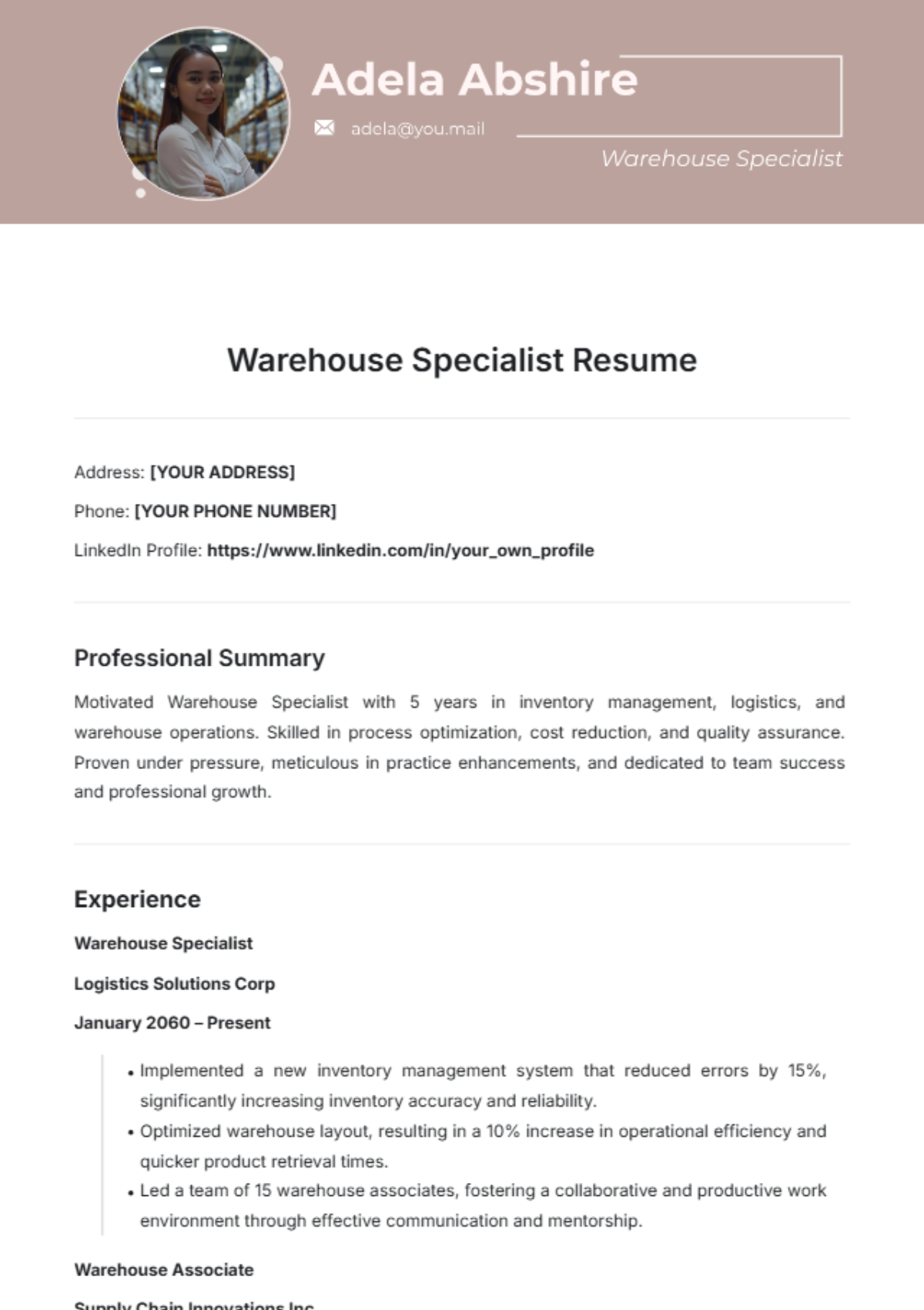 Warehouse Specialist Resume Template - Edit Online & Download