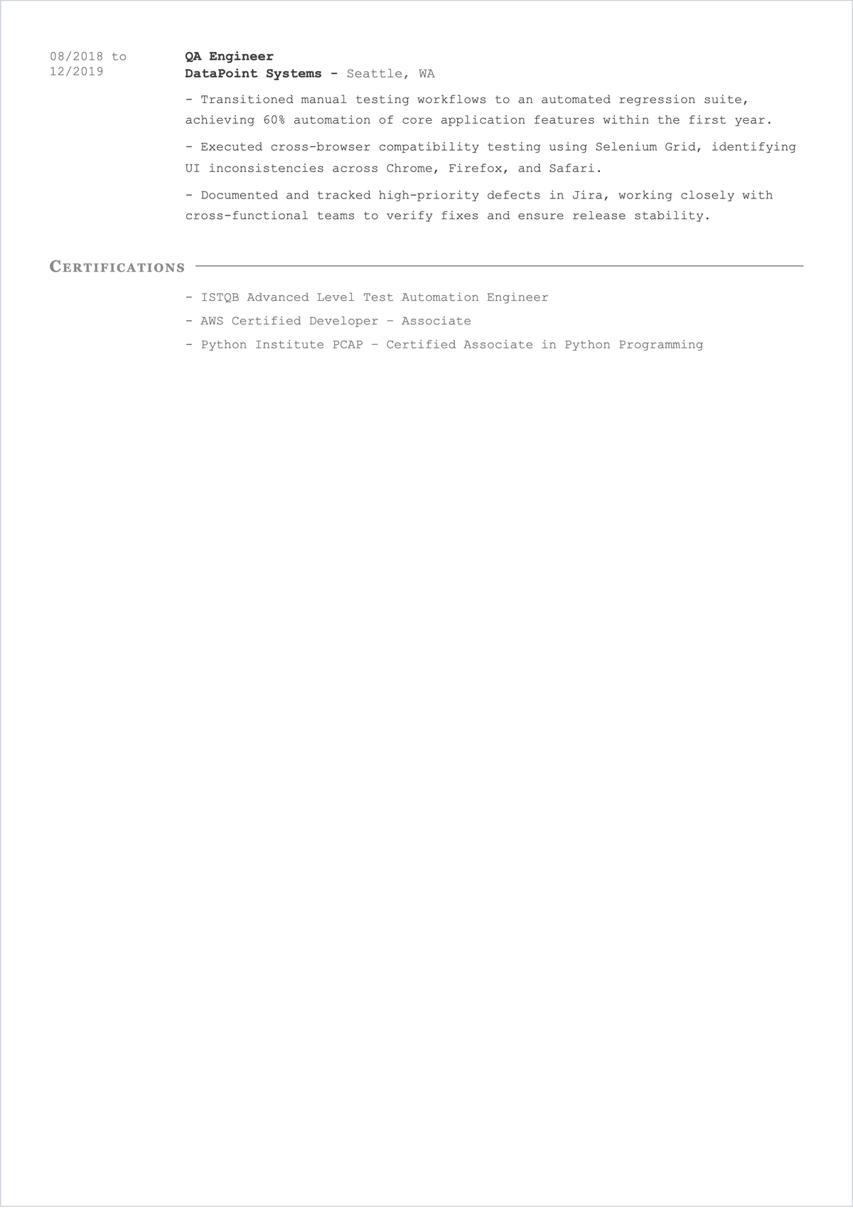 Free Automation Test Engineer ATS Resume Template, AI Resume Builder