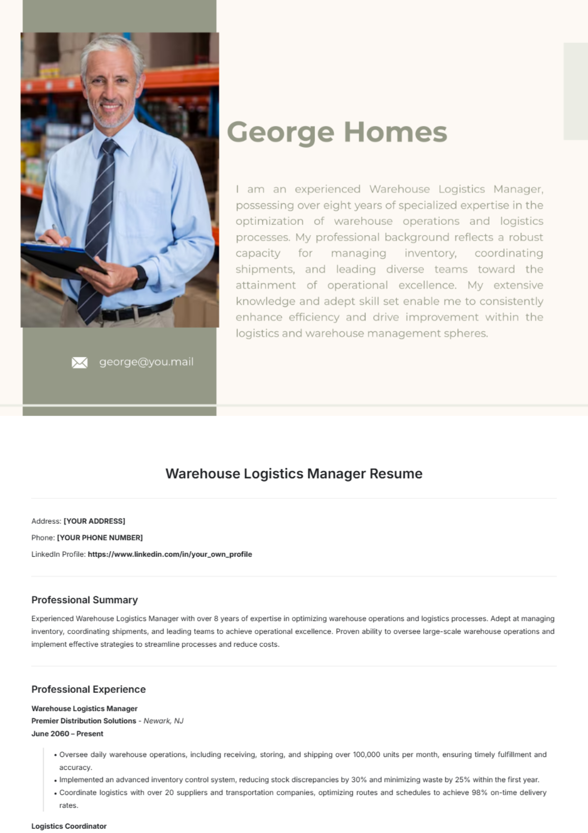 Warehouse Logistics Manager Resume Template - Edit Online & Download