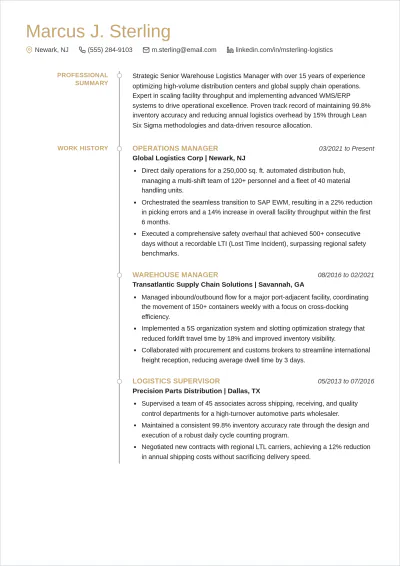 Free Warehouse Logistics Manager ATS Resume Template