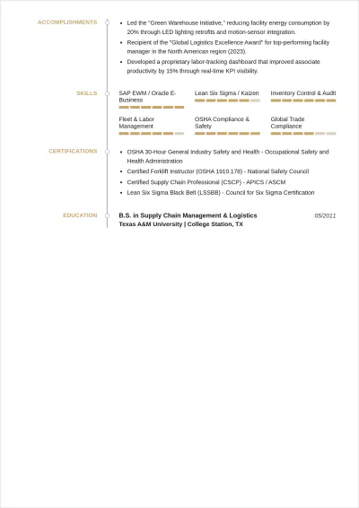 Free Warehouse Logistics Manager ATS Resume Template