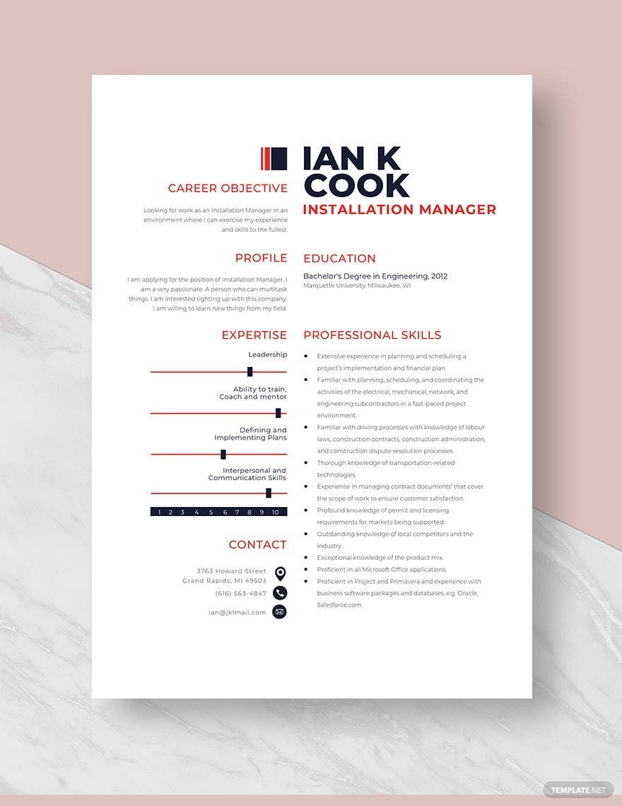 Free Installation Manager Resume Template