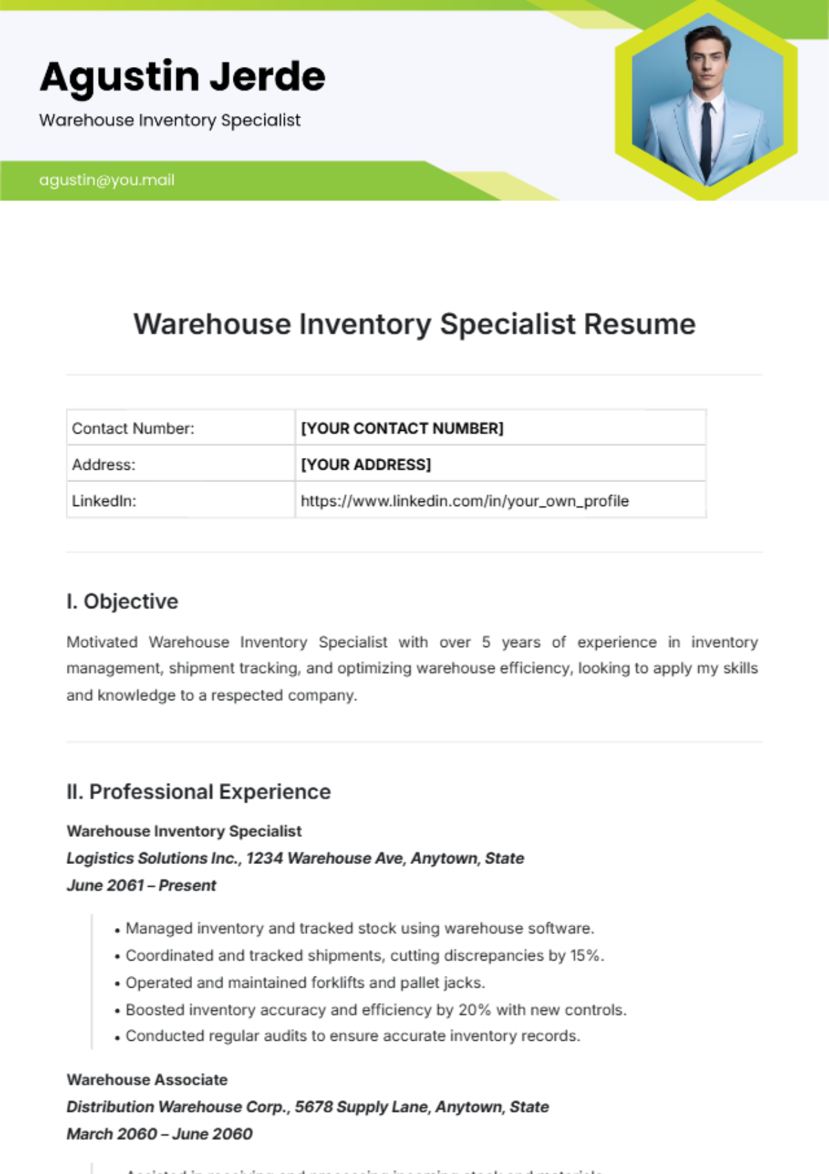 Warehouse Inventory Specialist Resume Template - Edit Online & Download