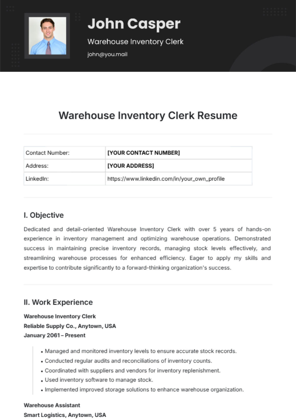 Warehouse Inventory Clerk Resume Template - Edit Online & Download