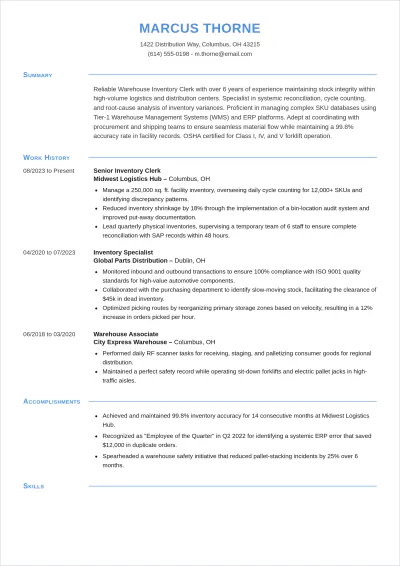 Free Warehouse Inventory Clerk ATS Resume Template, AI Resume Builder