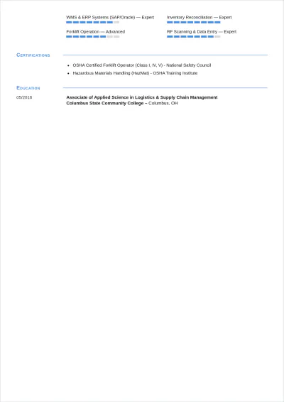 Free Warehouse Inventory Clerk ATS Resume Template, AI Resume Builder