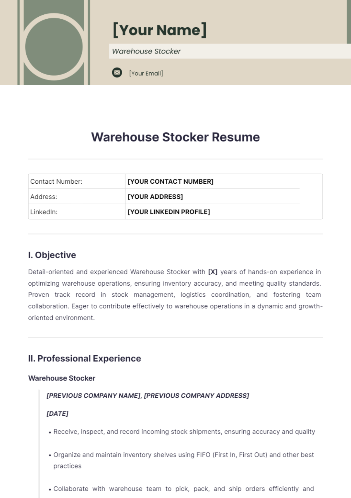 Free Warehouse Stocker Resume Template - Edit Online & Download ...