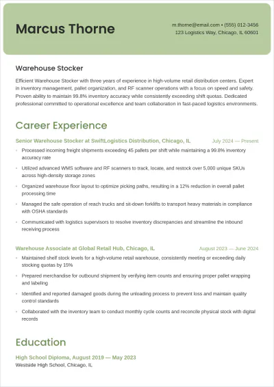 Free Warehouse Stocker ATS Resume Template, AI Resume Builder