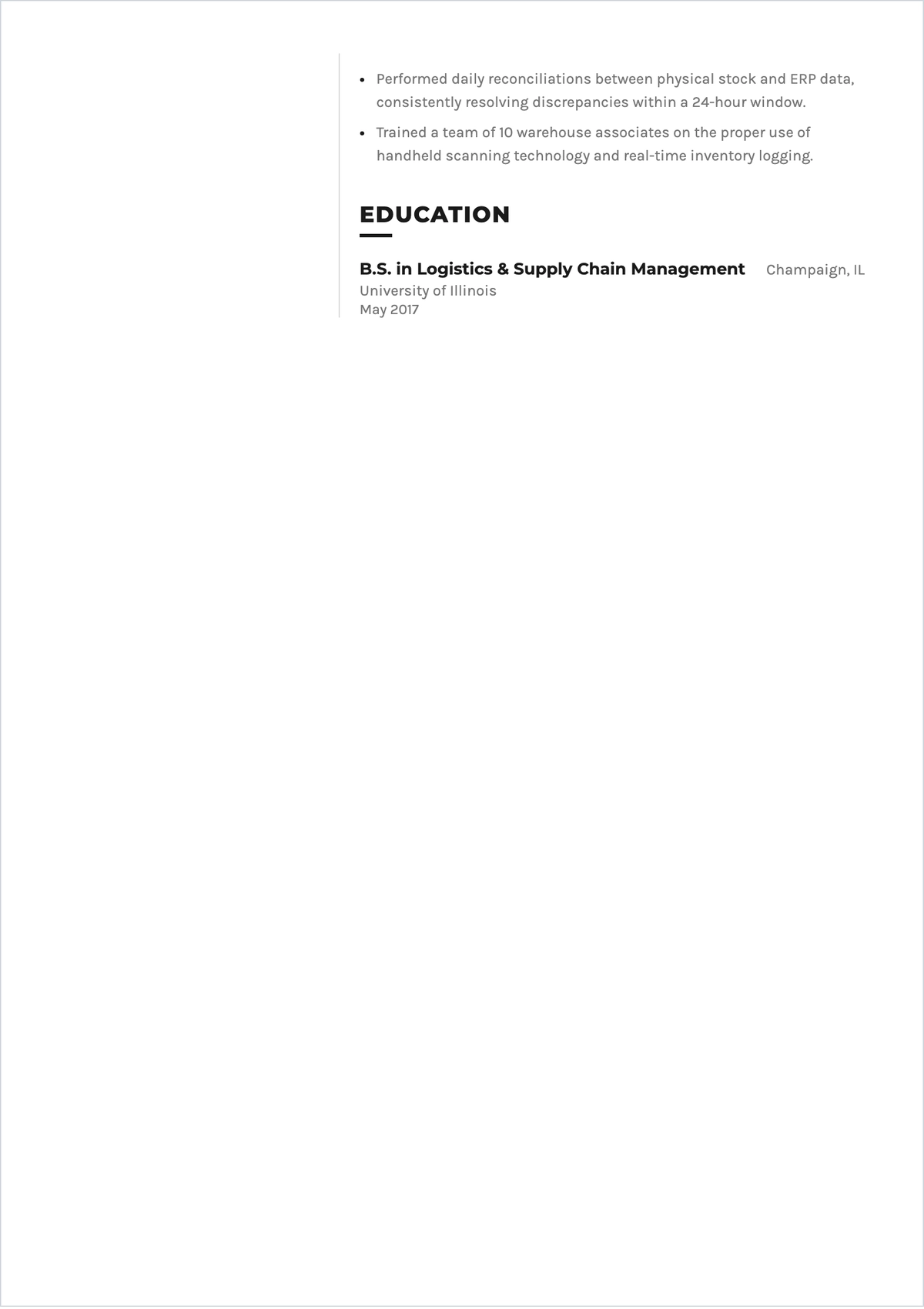 Free Warehouse Quality Control ATS Resume Template, AI Resume Builder