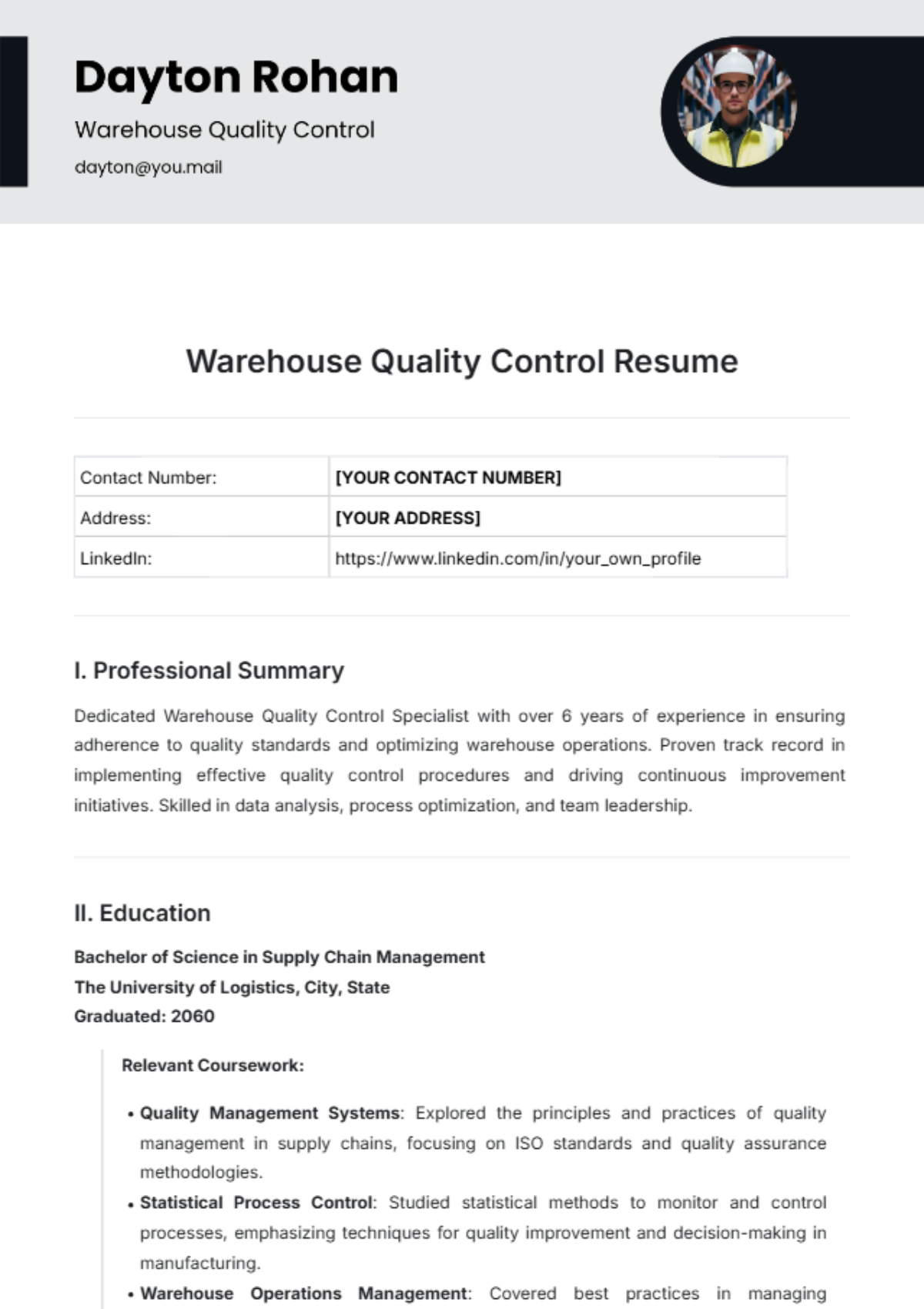 Free Warehouse Quality Control Resume Template