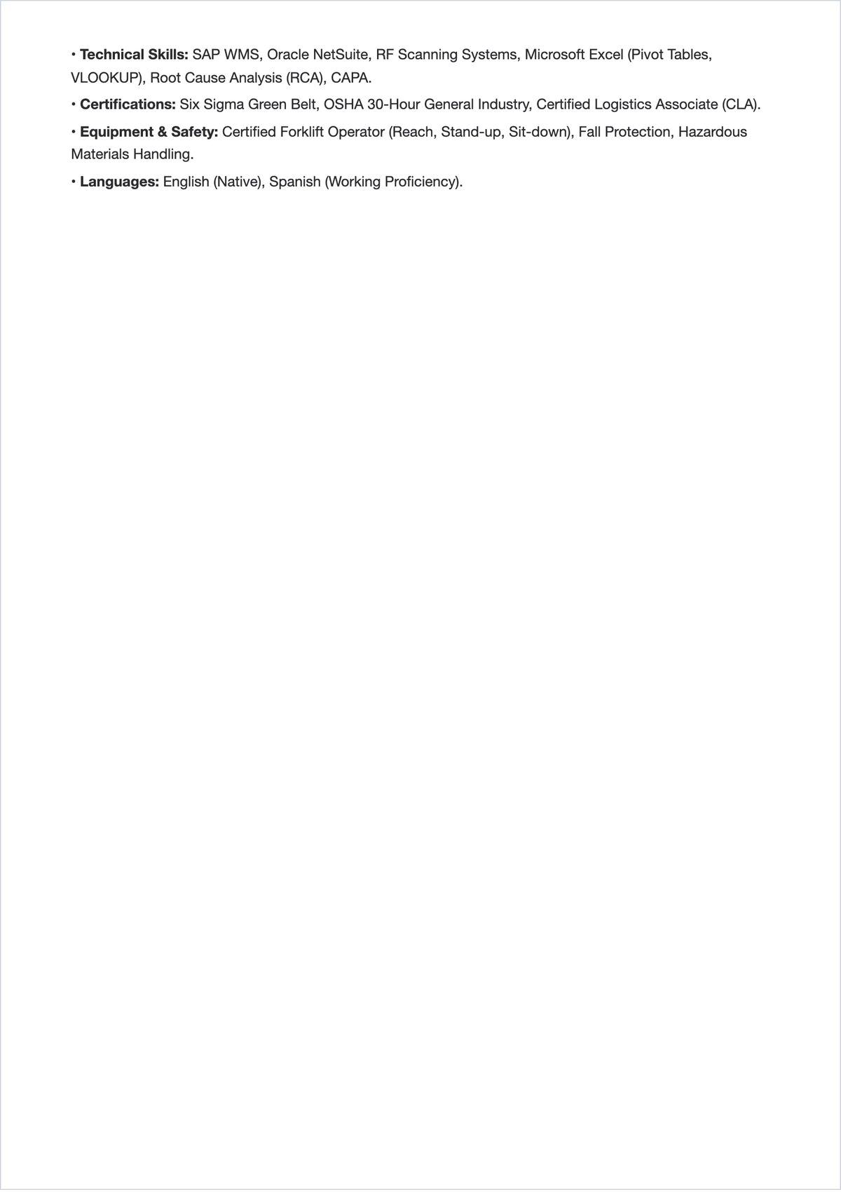 Free Warehouse Quality Assurance Associate ATS Resume Template