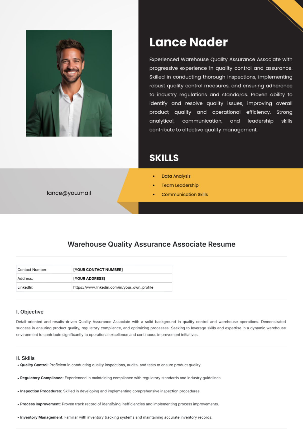 Warehouse Quality Assurance Associate Resume Template - Edit Online & Download