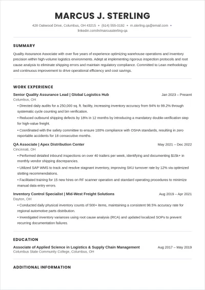 Free Warehouse Quality Assurance Associate ATS Resume Template