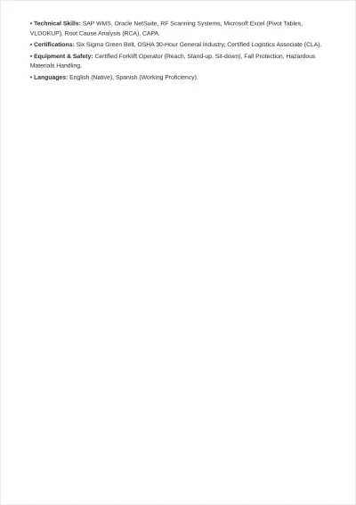 Free Warehouse Quality Assurance Associate ATS Resume Template