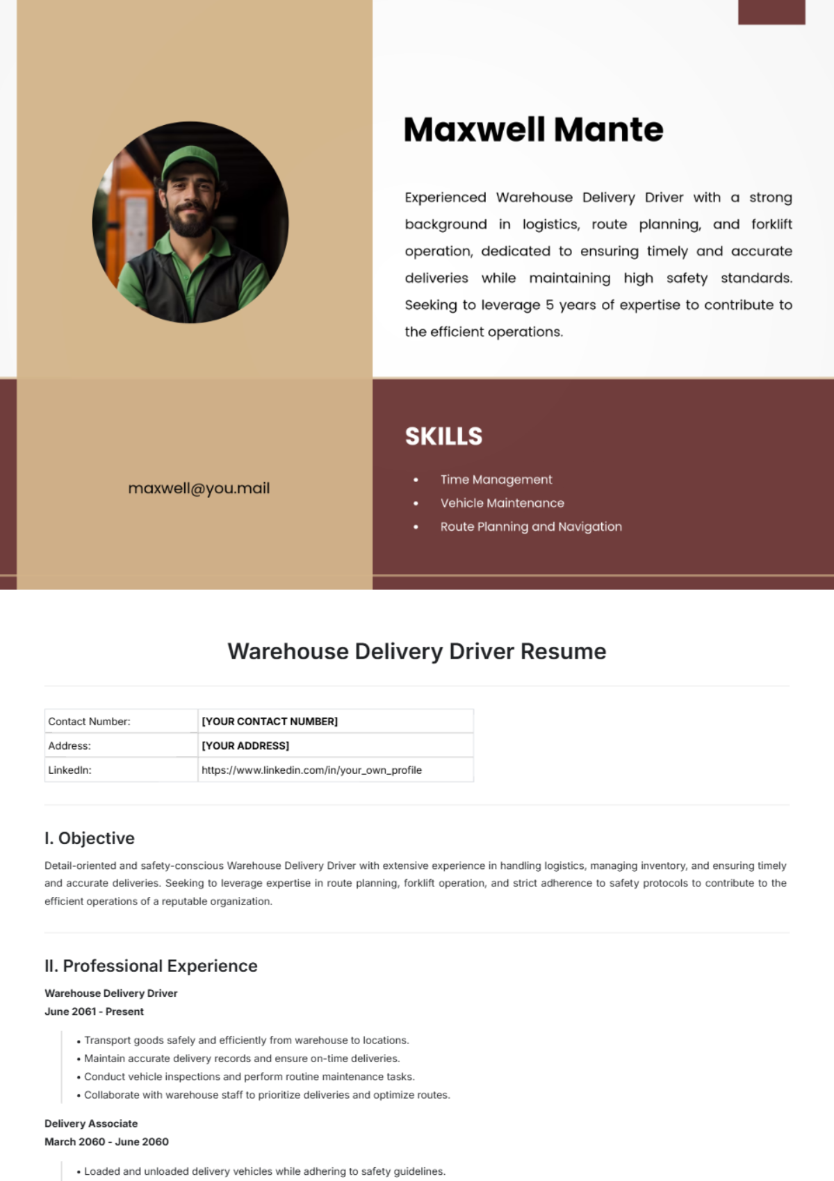 Warehouse Delivery Driver Resume Template - Edit Online & Download