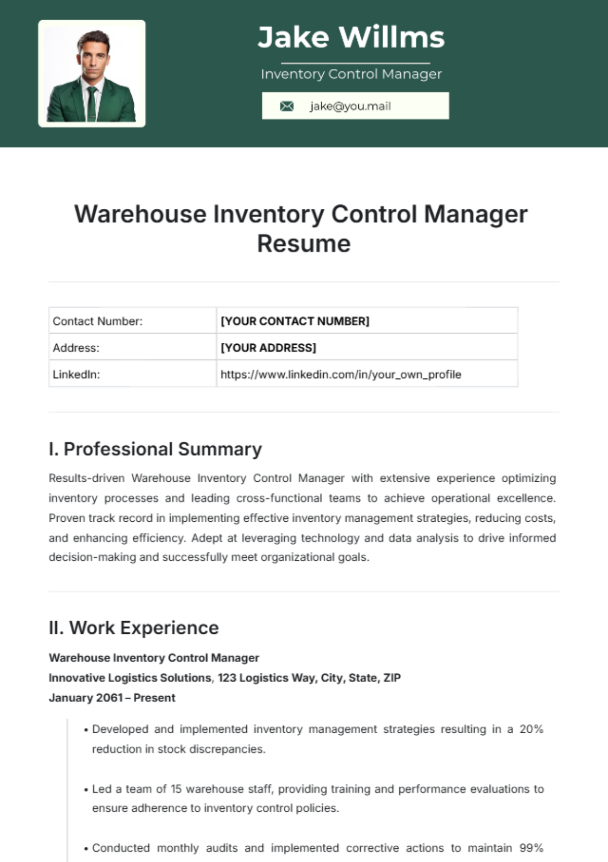 Warehouse Inventory Control Manager Resume Template - Edit Online & Download