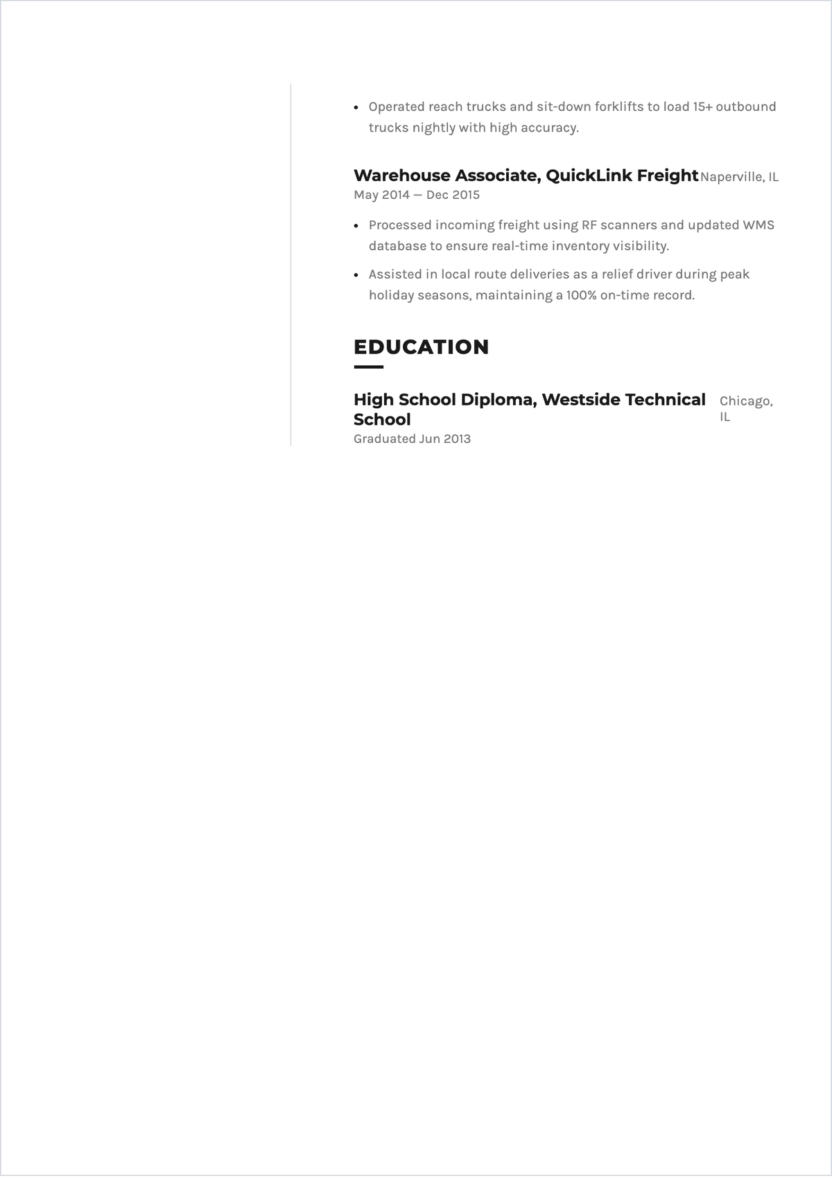 Free Warehouse Driver ATS Resume Template, AI Resume Builder