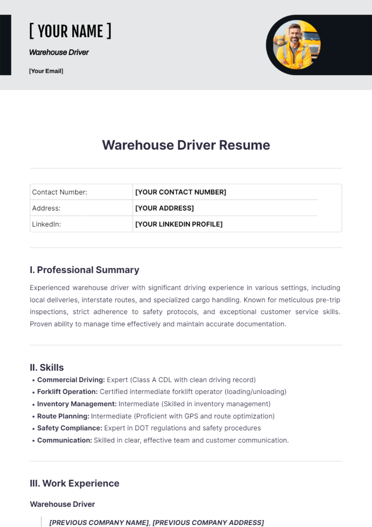 Warehouse Driver Resume - Edit Online & Download