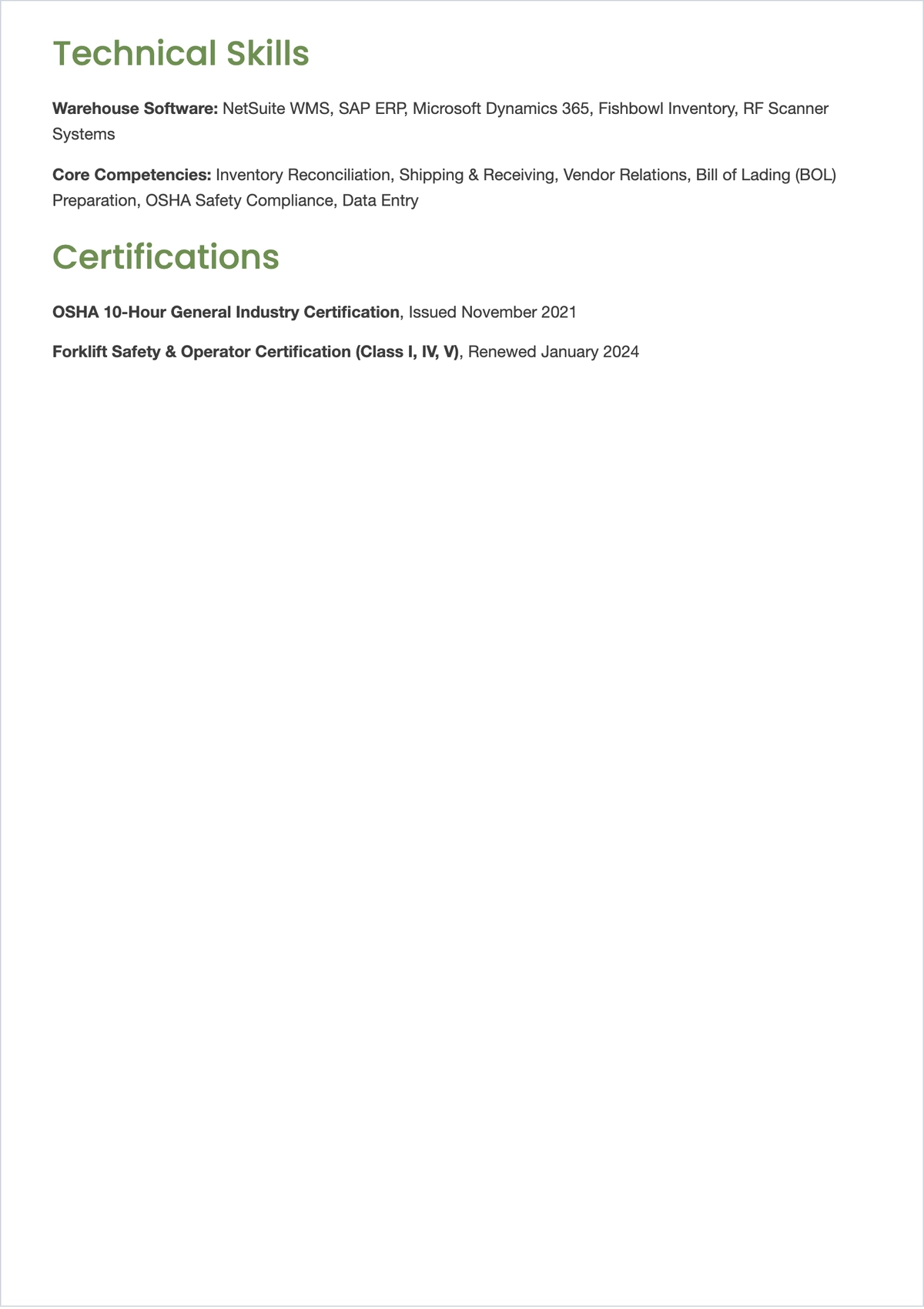 Free Warehouse Administrative Assistant ATS Resume Template