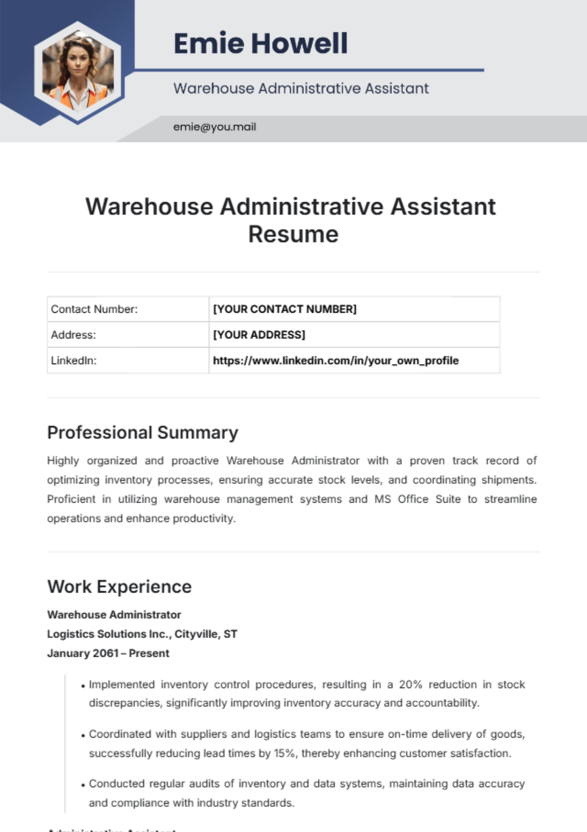 Warehouse Administrative Assistant Resume Template - Edit Online & Download