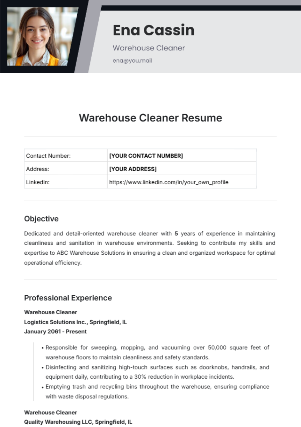 Free Warehouse Cleaner Resume Template