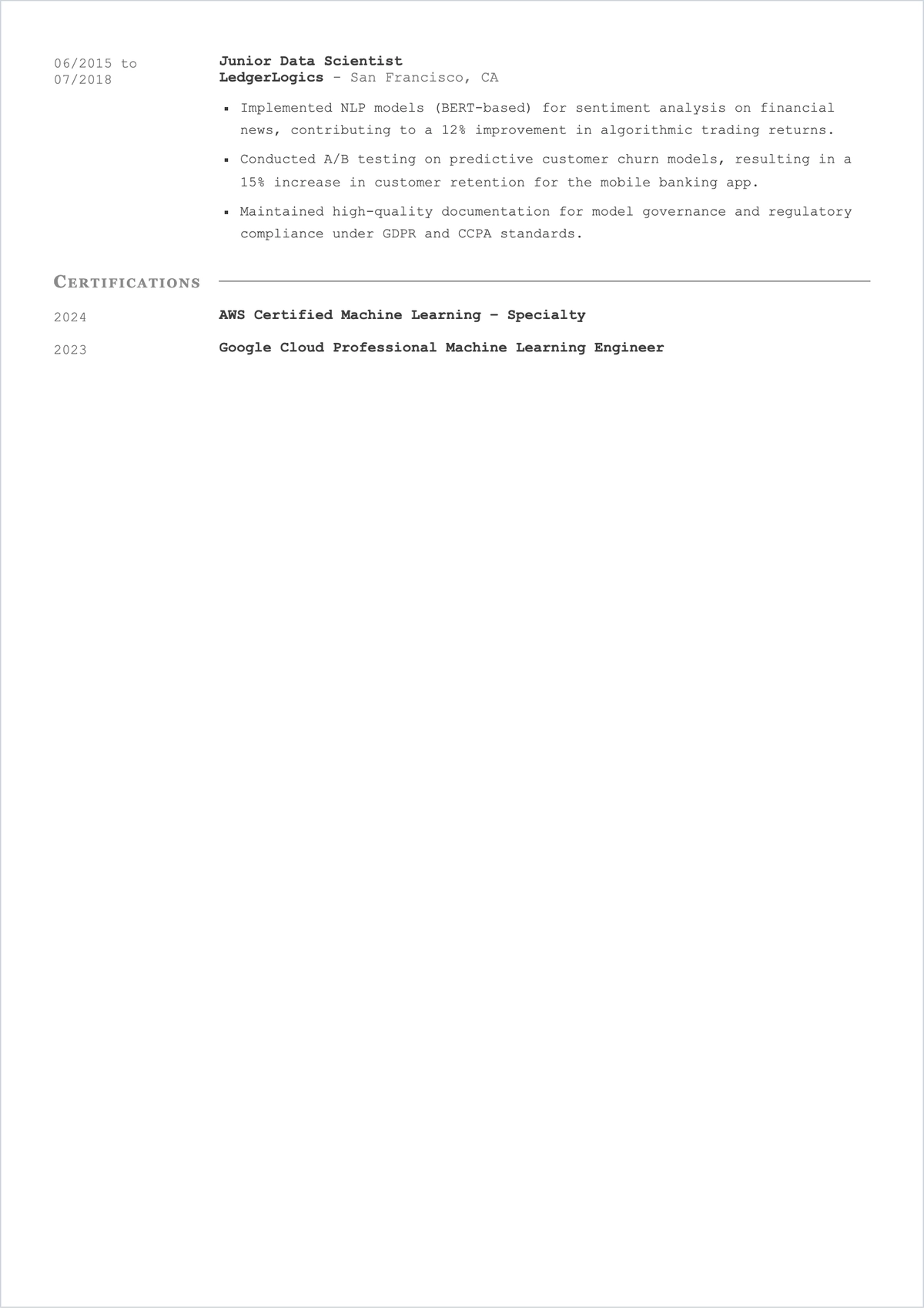 Free Machine Learning Engineer ATS Resume Template, AI Resume Builder