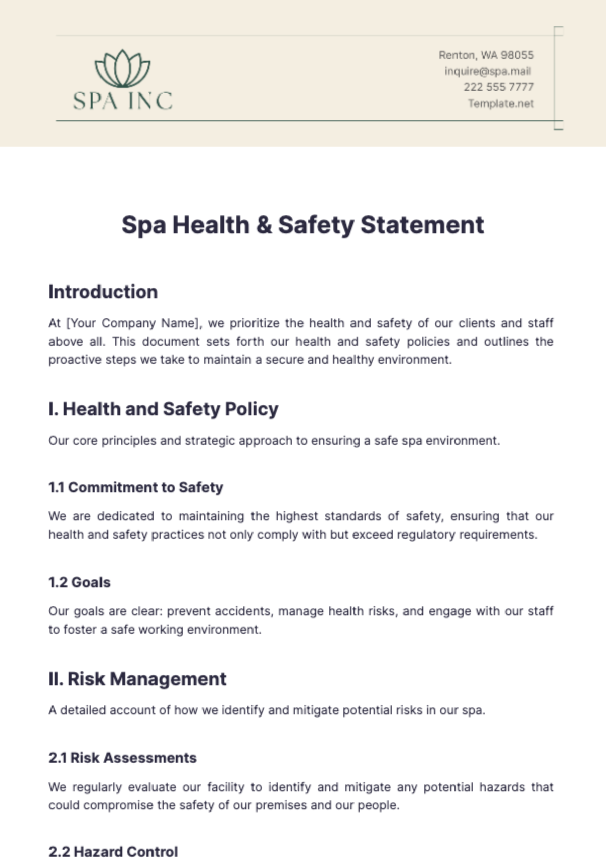 Free Spa Health & Safety Statement Template