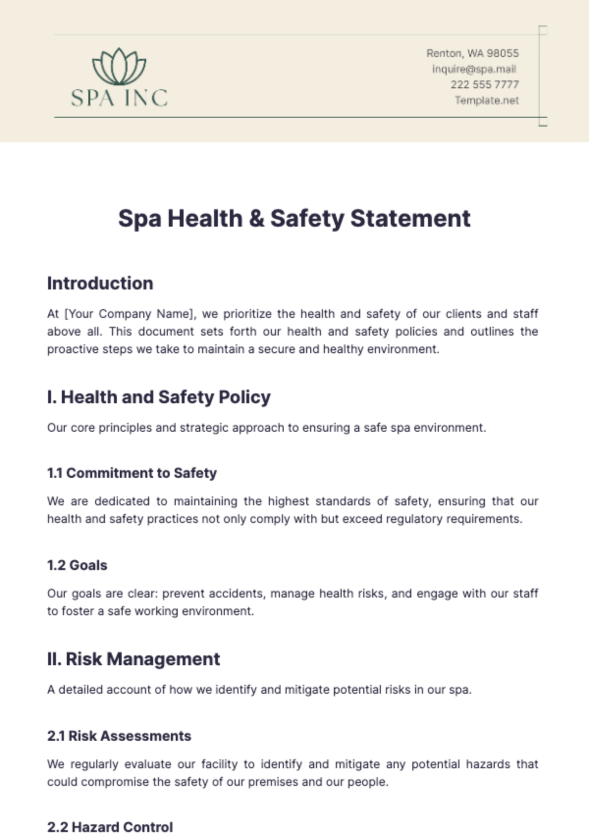 Spa Health & Safety Statement Template - Edit Online & Download