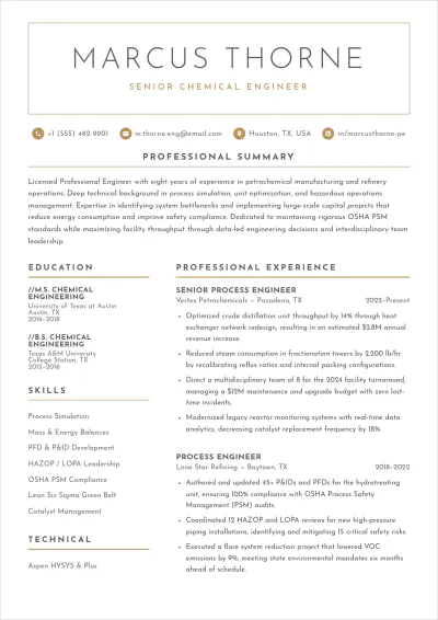Free Chemical Engineer ATS Resume Template, AI Resume Builder