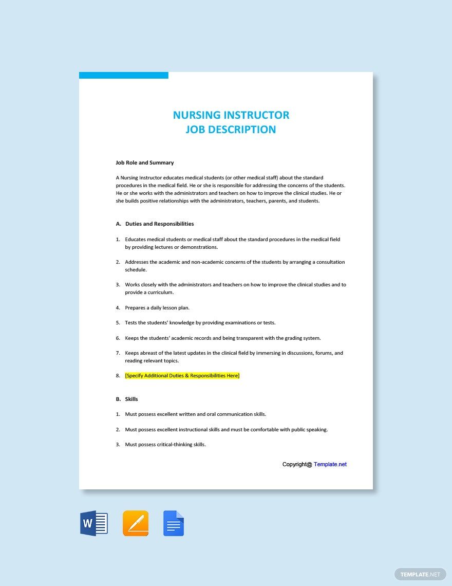 Nursing Instructor Template In Google Docs FREE Download Template Net   Nursing Instructor Job Description 1 