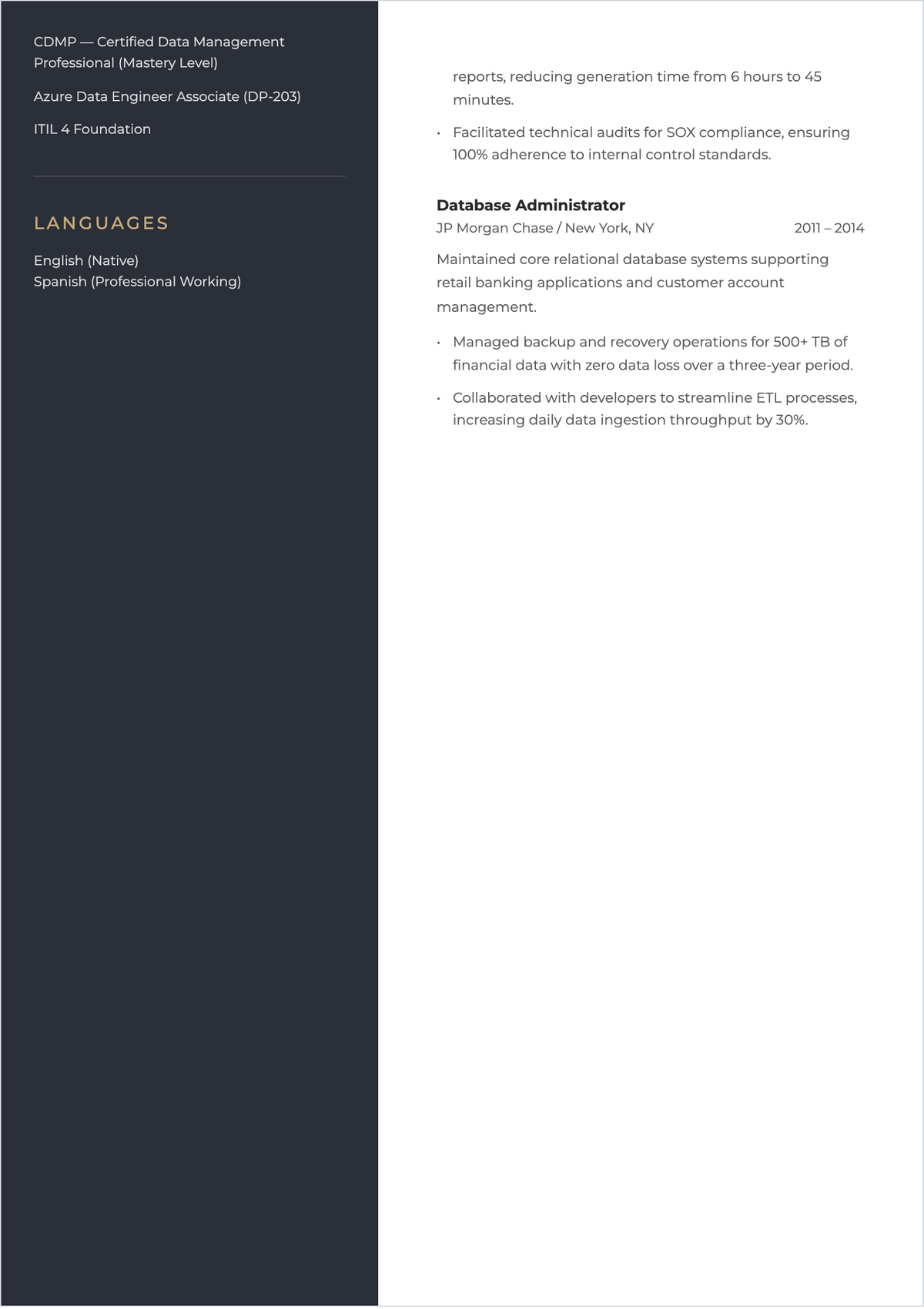 Free Data Management Skills Based ATS Resume Template