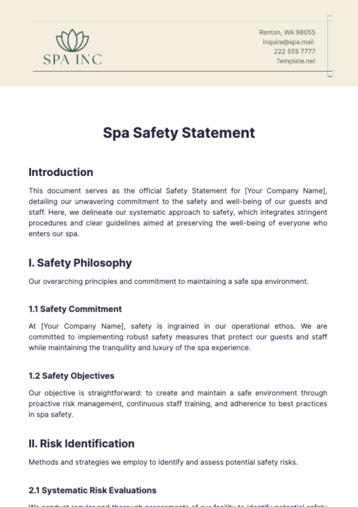 Spa Safety Statement Template - Edit Online & Download