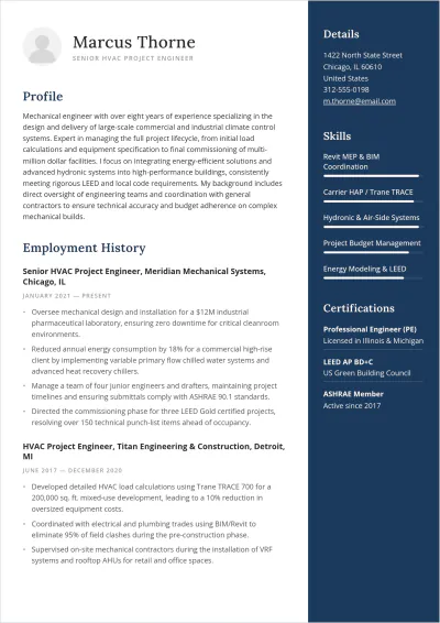 Free HVAC Project Engineer ATS Resume Template, AI Resume Builder