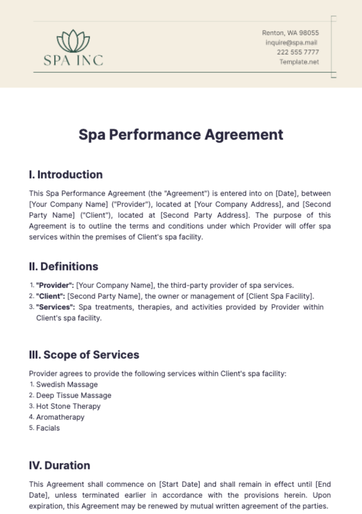 Spa Performance Agreement Template - Edit Online & Download